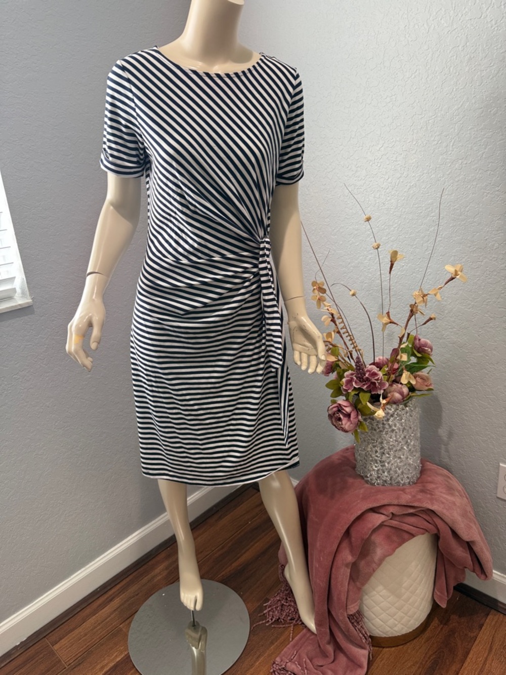 J. McLaughlin Navy and White Striped Tie-Waist Midi Dress